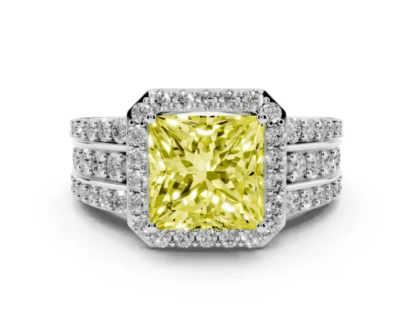 Fancy Yellow Princess Cut Halo Diamond Ring with Round Split Shank and Prong Setting Platinum
