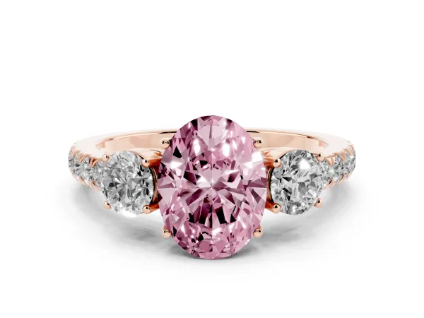 Fancy Pink Oval Cut Cut Diamond Three-Stone Ring with Round Side Stones and Pavé Band Rose gold