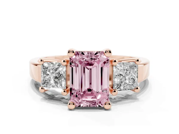 Fancy Pink Three-Stone Emerald Cut Cut Solitaire Ring with Prong Setting Rose gold