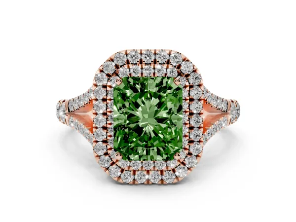 Fancy Green Radiant Cut Diamond Double Halo Ring with Split Shank and Prong Setting Rose gold