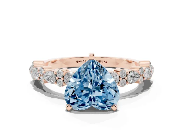 Fancy Blue Heart Cut Diamond Side Stone Solitaire Ring with Round and Four-Prong Setting Rose gold