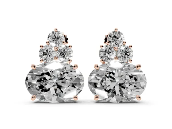 East-West Oval Diamond Cluster Stud Earrings with Round Diamond Accents Rose gold