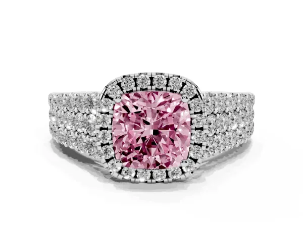 Fancy Pink Cushion Cut Diamond Halo Engagement Ring with Triple Row Round Pavé Band and Prong Setting White gold