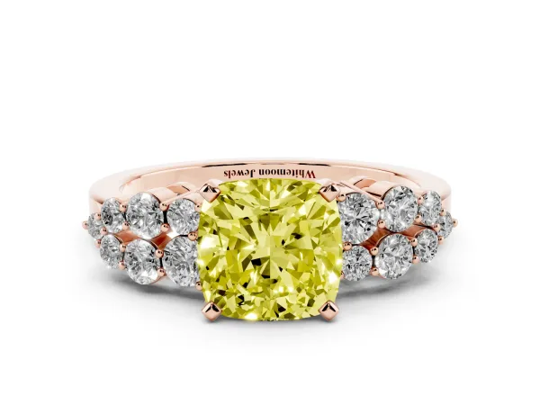 Fancy Yellow Cushion Cut Cluster Diamond Engagement Ring with Pavé Band and Four-Prong Setting Rose gold