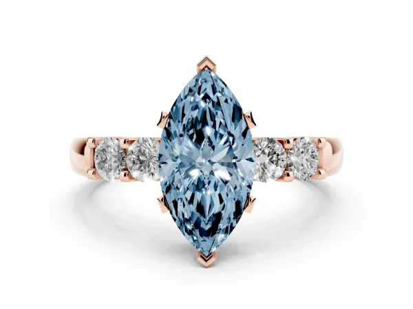 Fancy Blue Marquise Cut Brilliant Cut Diamond Five-Stone Prong Set Engagement Ring with Channel Band Rose gold