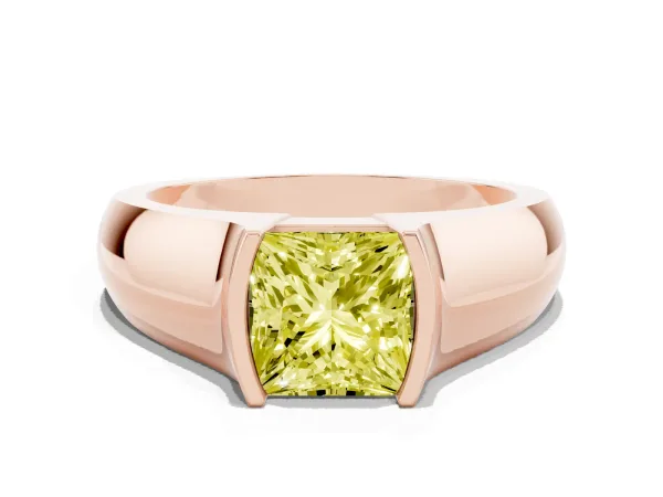 Fancy Yellow Princess Cut Solitaire Bezel Set Diamond Ring with Wide Band Rose gold