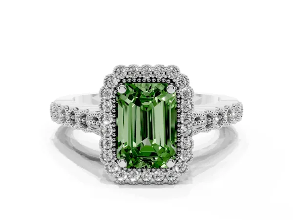 Fancy Green Emerald Cut Cut Halo Pavé Solitaire Ring with Milgrain Band White gold