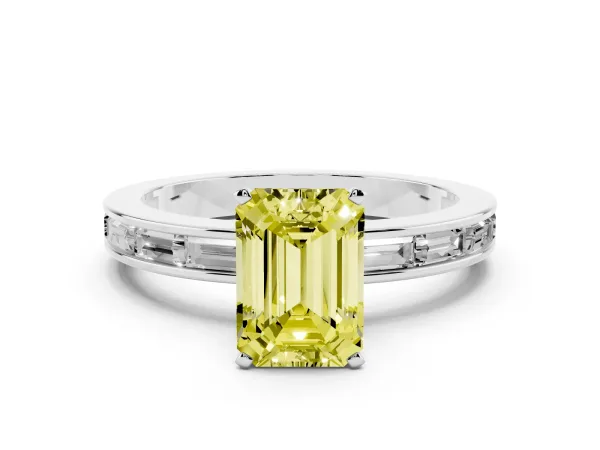 Fancy Yellow Emerald Cut Solitaire Diamond Ring with Channel-Set Baguette Band and Four-Prong Setting Platinum