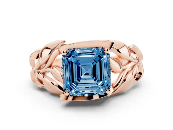Fancy Blue Asscher Cut Diamond Leaf-Inspired Engagement Ring with Round Accents and Prong Setting Rose gold