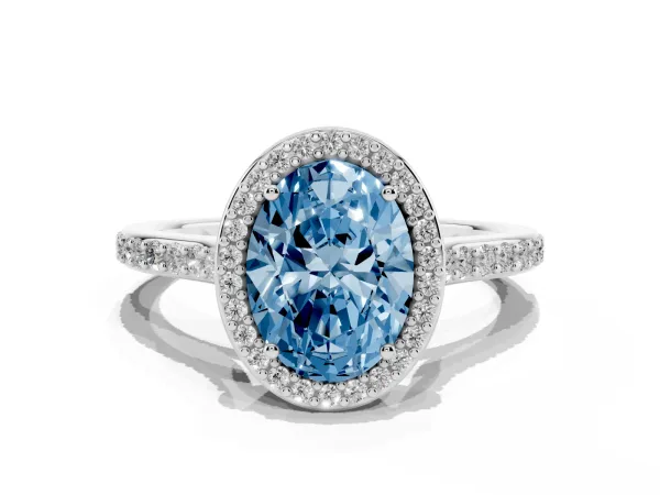 Fancy Blue Oval Cut Diamond Halo Engagement Ring with Round Pavé Shoulders and Prong Setting Platinum