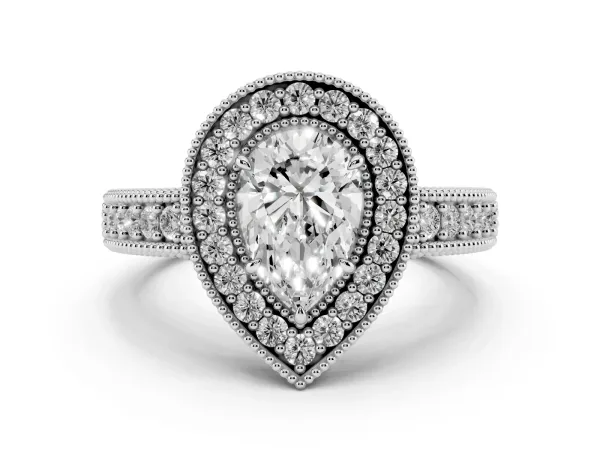 Pear Cut Cut Halo Diamond Ring with Pavé Band and Four-Prong Setting Platinum