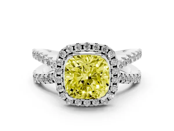 Fancy Yellow Cushion Cut Diamond Halo Ring with Split Shank Pavé Band and Prong Setting White gold