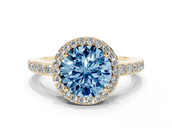 Fancy Blue Round Cut Halo Diamond Pavé Band Ring with Prong Setting Yellow gold