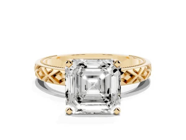 Asscher Cut Solitaire Diamond Ring with Milgrain and Black Enamel X Pattern Band Yellow gold