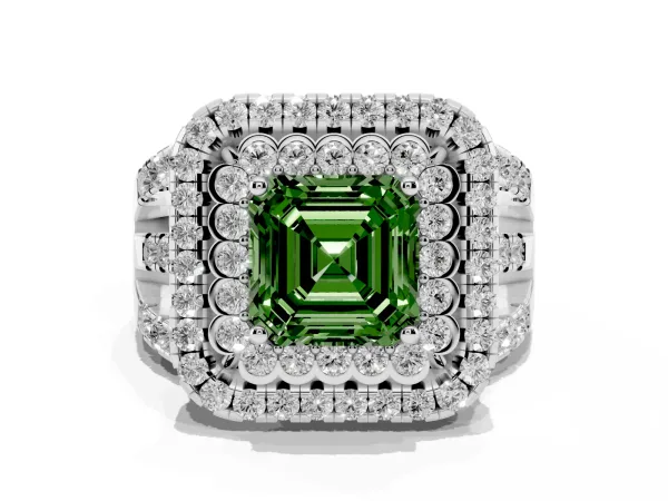 Fancy Green Asscher Cut Diamond Double Halo Ring with Round Pavé Split Shank and Prong Setting White gold