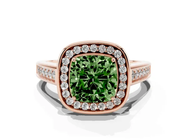 Fancy Green Cushion Cut Halo Solitaire Diamond Ring with Pave Band and Bezel Setting Rose gold