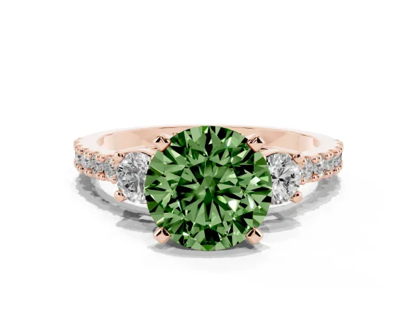 Fancy Green Round Cut Three-Stone Diamond Pavé Band with Prong Setting Rose gold