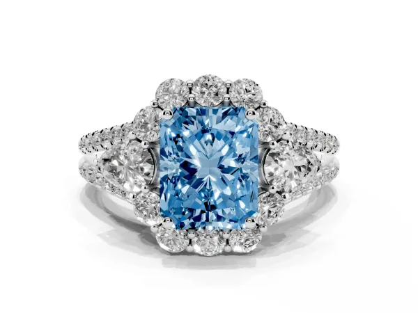 Fancy Blue Radiant Cut Halo Split Shank Diamond Engagement Ring with Prong Setting Platinum