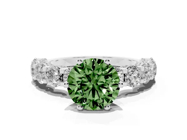 Fancy Green Round Cut Diamond Side Stone Engagement Ring with Four-Prong Setting Platinum