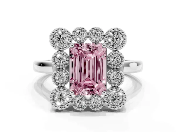 Fancy Pink Emerald Cut Halo Diamond Cluster Engagement Ring with Milgrain Bezel Setting and Solitaire Band Platinum