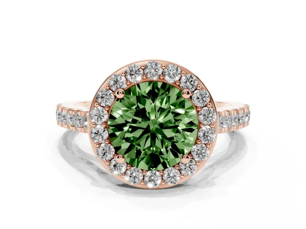 Fancy Green Round Cut Diamond Halo Ring with Round Pavé Split Shank and Prong Setting Rose gold