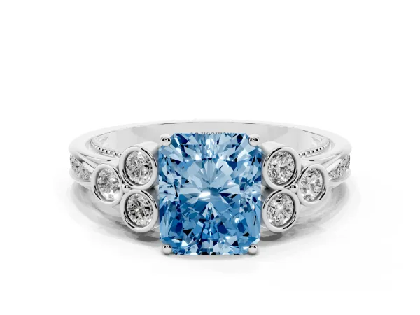 Fancy Blue Radiant Cut Cut Diamond Engagement Ring with Bezel Set Round Side Stones and Prong Setting Platinum