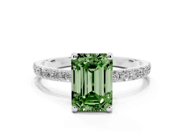 Fancy Green Emerald Cut Diamond Solitaire Ring with Round Pavé Band and Prong Setting Platinum