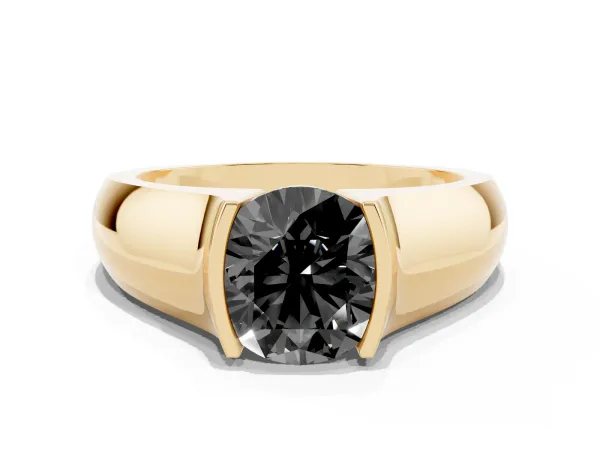 Fancy Black Round Cut Solitaire Bezel Set Diamond Ring with Wide Band Yellow gold