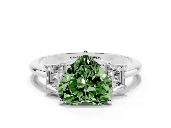 Fancy Green Heart Cut Diamond Three-Stone Ring with Trapezoid Side Stones and Prong Setting Platinum