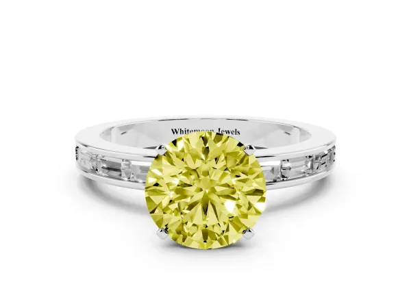 Fancy Yellow Round Cut Solitaire Diamond Ring with Channel-Set Baguette Band and Four-Prong Setting White gold