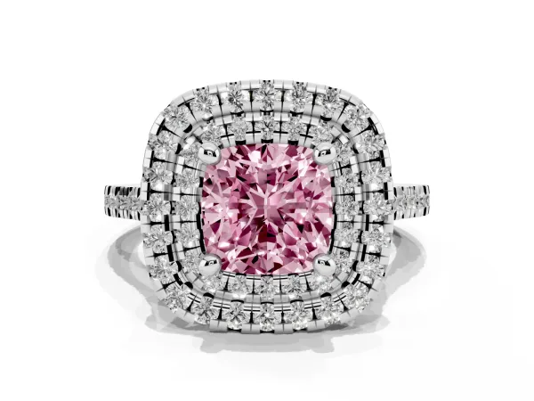 Fancy Pink Double Halo Cushion Cut Diamond Pavé Band with Four-Prong Setting Platinum