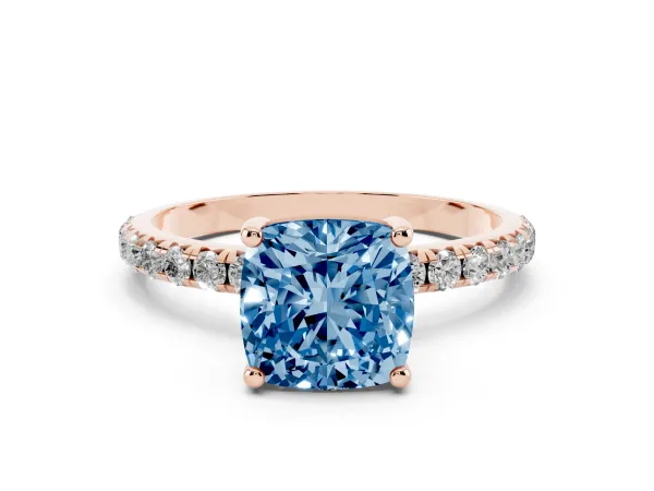 Fancy Blue Cushion Cut Cut Diamond Solitaire Ring with Micro Pave Band and Four Prong Setting Rose gold