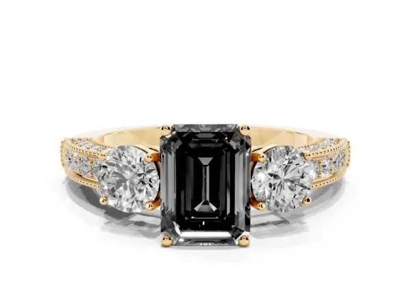 Fancy Black Emerald Cut Three-Stone Diamond Ring with Pavé Band and Four-Prong Setting Yellow gold