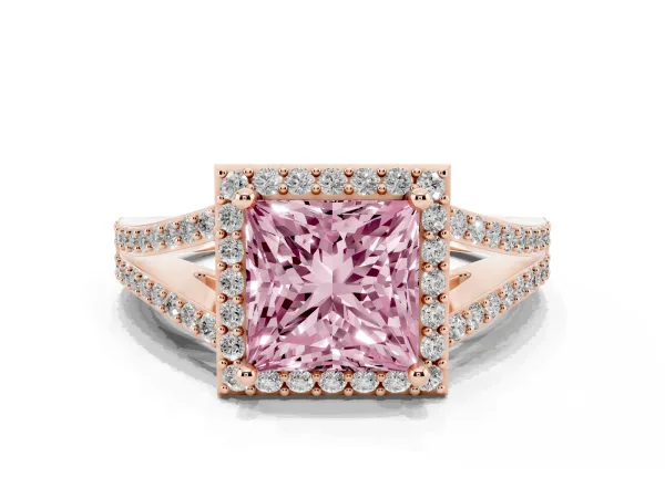 Fancy Pink Princess Cut Halo Split Shank Diamond Ring with Prong Setting Rose gold