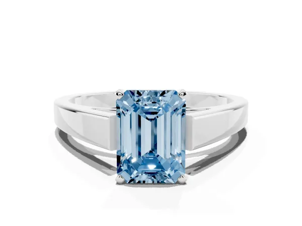 Fancy Blue Emerald Cut Solitaire Engagement Ring with Four-Prong Setting and Tapered Band Platinum
