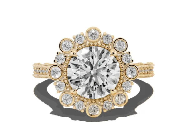 Round Cut Halo Milgrain Pave Diamond Ring with Four-Prong Setting Yellow gold