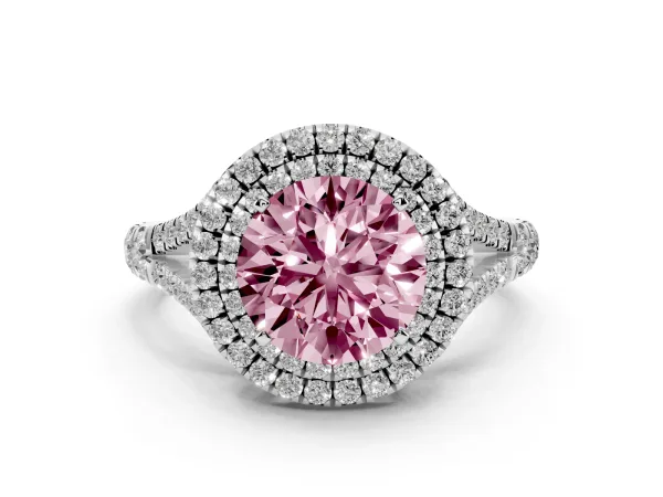 Fancy Pink Round Cut Diamond Double Halo Ring with Split Shank and Prong Setting Platinum