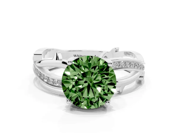 Fancy Green Round Cut Solitaire Twist Band with Pavé Accents and Four-Prong Setting White gold