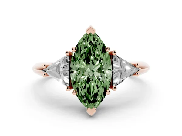 Fancy Green Three-Stone Marquise Cut Diamond Engagement Ring with Trillion Side Stones and Prong Setting Rose gold