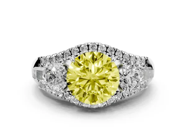 Fancy Yellow Three-Stone Round Cut Diamond Engagement Ring with Pave Band and Prong Setting Platinum
