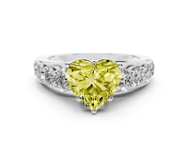Fancy Yellow Heart Cut Diamond Engagement Ring with Pavé Band and Four-Prong Setting White gold