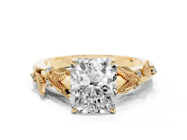 Radiant Cut Diamond Solitaire Ring with Leaf Motif Band and Four-Prong Setting Yellow gold