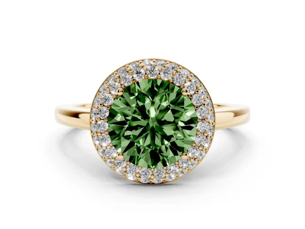 Fancy Green Round Cut Halo Diamond Engagement Ring with Solitaire Band and Four-Prong Setting Yellow gold