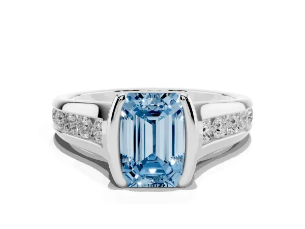 Fancy Blue Emerald Cut Solitaire Bezel-Set Diamond Ring with Channel-Set Band White gold
