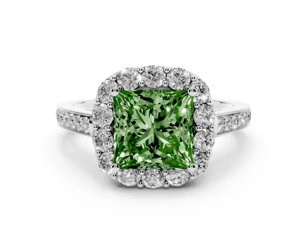 Fancy Green Princess Cut Diamond Floral Halo Ring with Pavé Band and Prong Setting White gold