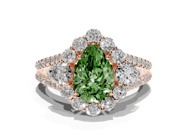 Fancy Green Pear Cut Halo Split Shank Diamond Engagement Ring with Prong Setting Rose gold