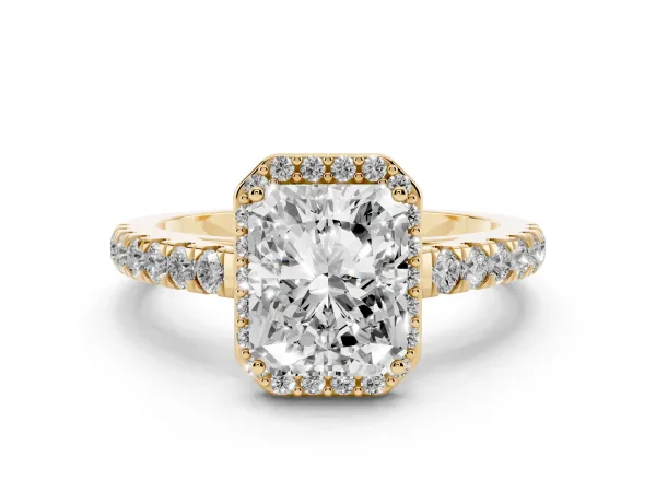 Radiant Cut Cut Halo Diamond Engagement Ring with Pave Band and Four-Prong Setting Yellow gold