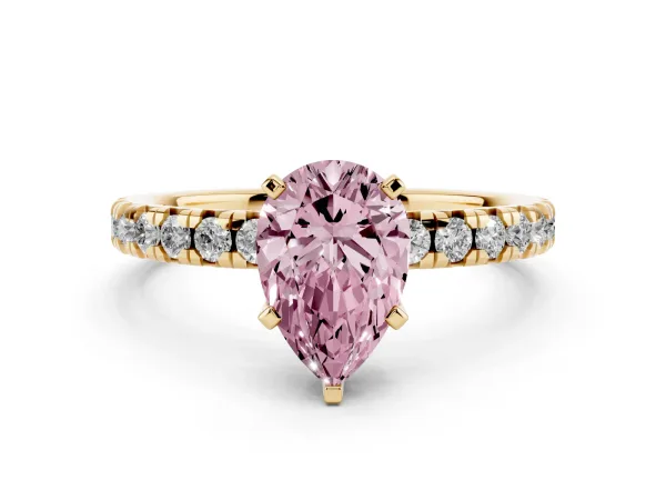 Fancy Pink Pear Cut Diamond Solitaire Pavé Engagement Ring with Round Band and Prong Setting Yellow gold