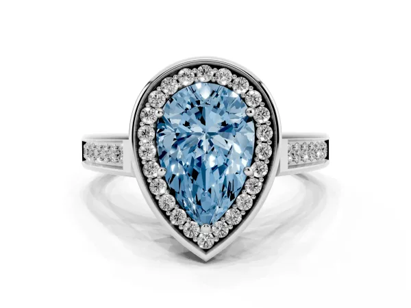 Fancy Blue Pear Cut Halo Solitaire Diamond Ring with Pave Band and Bezel Setting Platinum