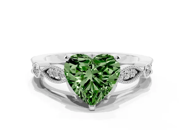 Fancy Green Heart Cut Cut Diamond with Milgrain Marquise and Bezel Accents on a Solitaire Band with Prong Setting Platinum